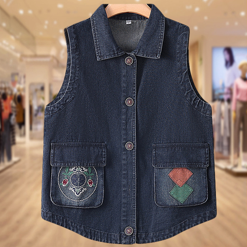 Spring and Autumn New Fashionable Slimming Denim Vest with Embroidered Pockets for Middle-Aged Moms, Versatile Casual Sleeveless Jacket