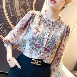 ເສື້ອຢືດ chiffon ແຟຊັ່ນ floral tops high-end ສາມໄຕມາດ sleeve chiffon shirt for women summer new loose style shirt for women