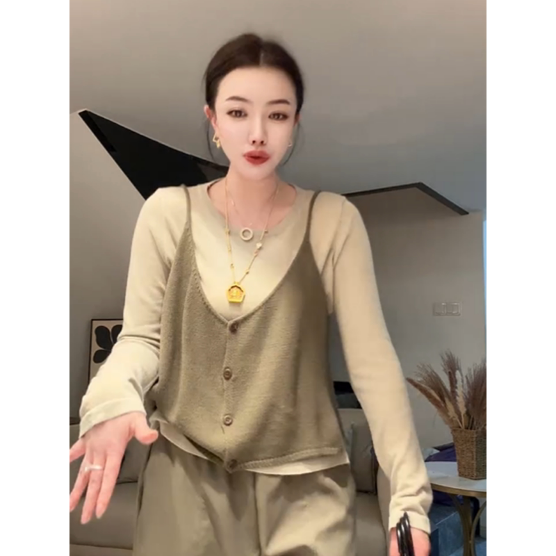 Korean Style Round Neck Solid Color Long-Sleeved Knit Sweater + Buttoned Knit Camisole Vest Women's Casual Layered Vest Two-Piece Set