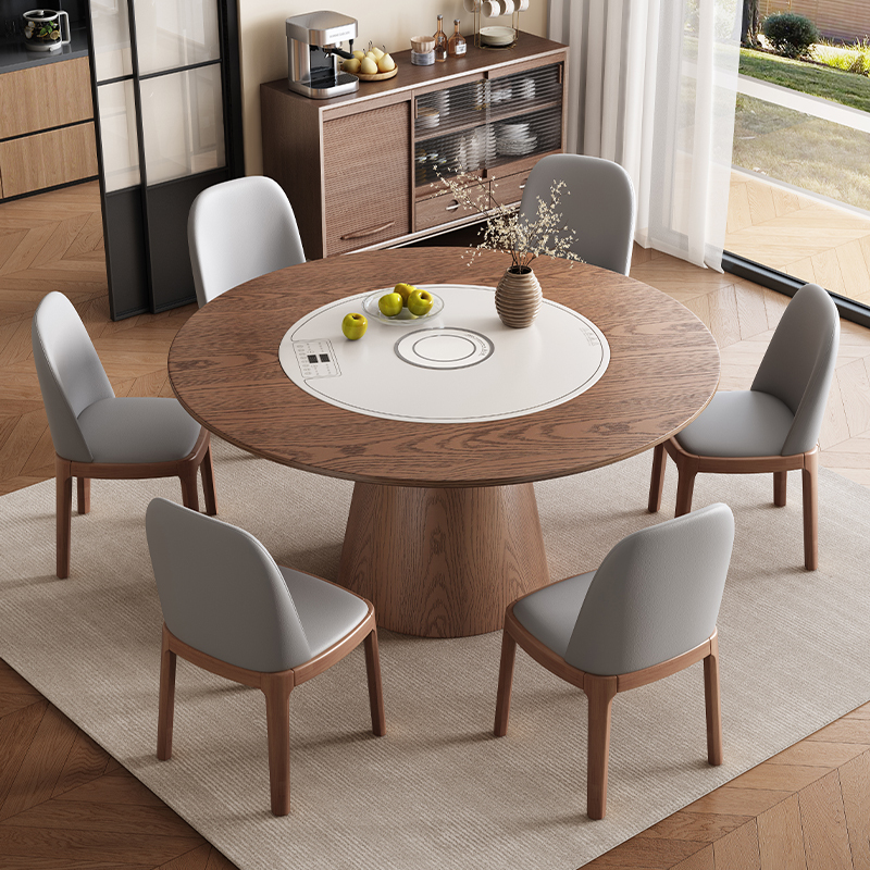 Ash Wood Solid Wood Dining Table and Chair Set with Built-In Electric Turntable, Induction Cooker, Warming Plate, Modern 1.3m Round Table Ash Wood Solid Wood Dining Table and Chair Set with Built-In Electric Turntable, Induction Cooker, Warming Plate, Modern 1.3m Round Table