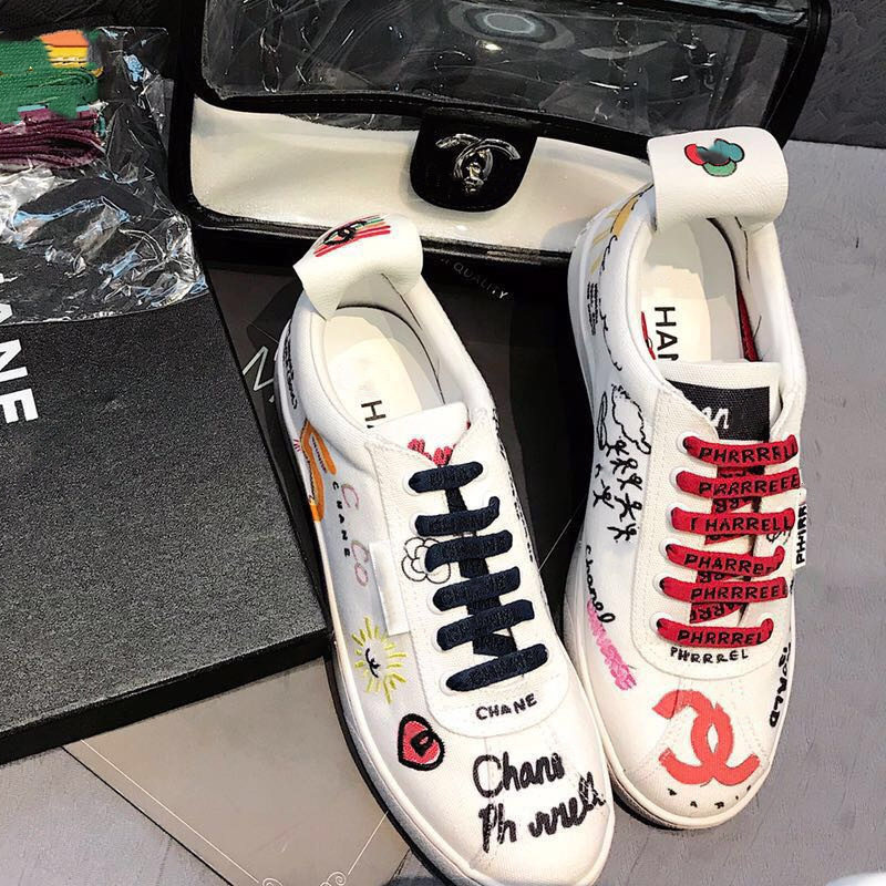 Net red with the same coco graffiti embroidery couple shoes women's casual all-match women's shoes students white shoes flat shoes