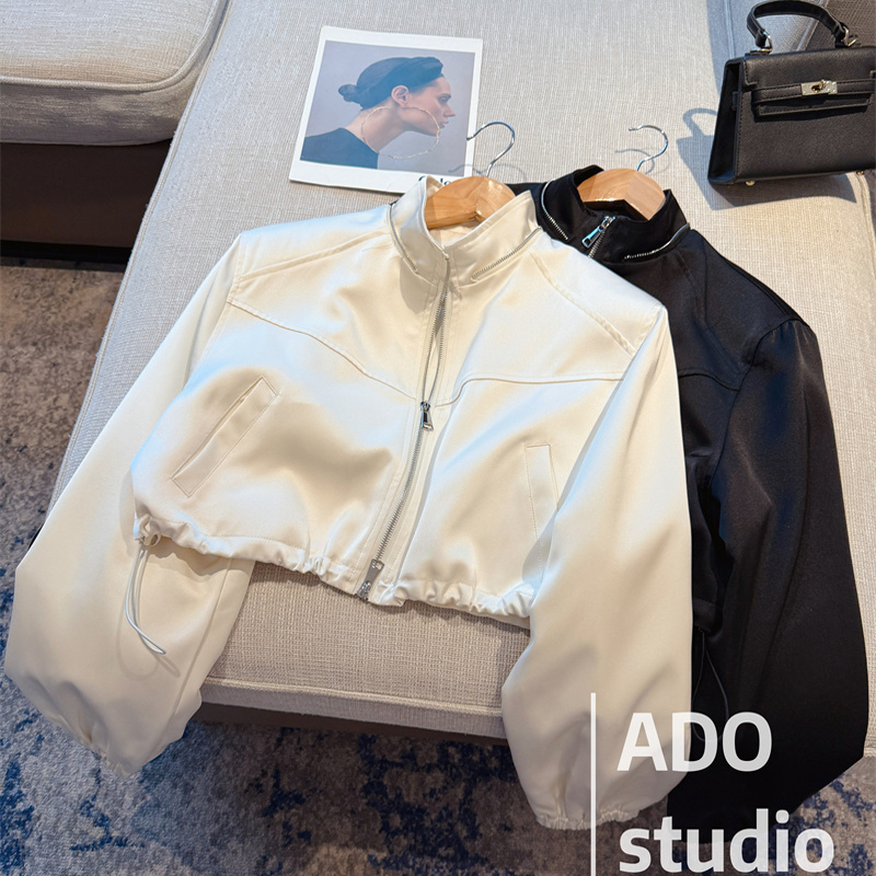 White Stand-Up Collar Short Baseball Jacket for Women, Versatile Casual High-Waisted Black Jacket, Biker Jacket Top for Spring and Autumn