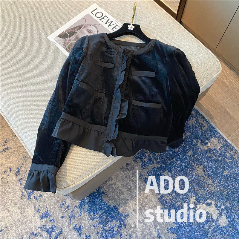 Small fragrant wind black down cotton clothes woman 2022 Spring and autumn style Elegant Lotus Leaf Lace Velvet Short thin cotton jacket