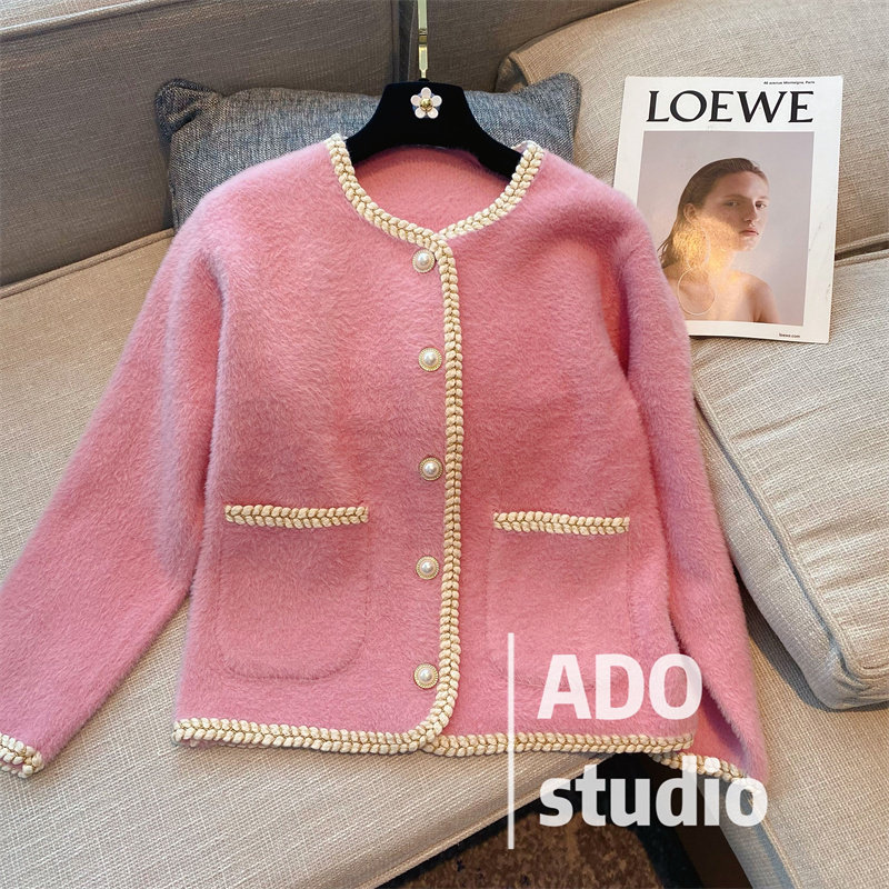 Small Fragrant Wind Imitation Mink Cashmere Cardiff Coat Woman Autumn Winter New 100 Hitch Loose Foreign Pie Pink Sweater Jacket Jacket