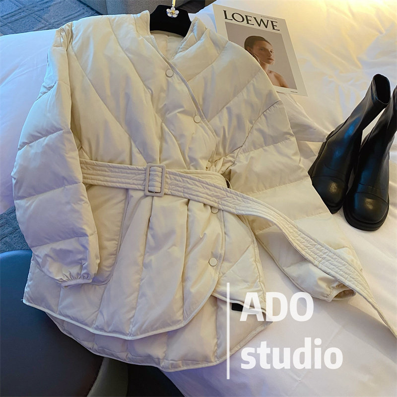 Hong Kong style slim waist and thin V-neck down jacket cotton jacket women's winter thickening and cotton mid-length down jacket jacket