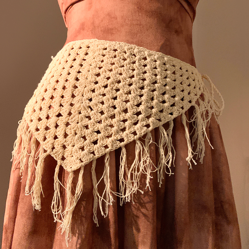Bohemian Ethnic Style Handmade Knitted Belt for Women, High-End Layered Woven Triangular Headscarf Belt, Pastoral Style