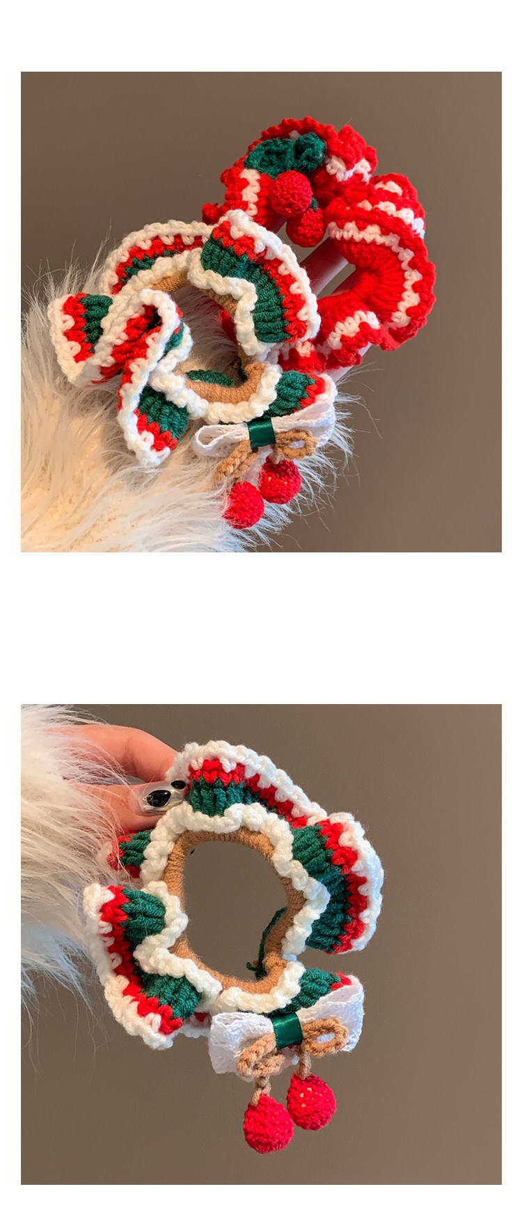 食颜派 圣诞颂歌~红色樱桃针织毛线大肠发圈 1个装【手工钩织的圣诞甜妹密码】