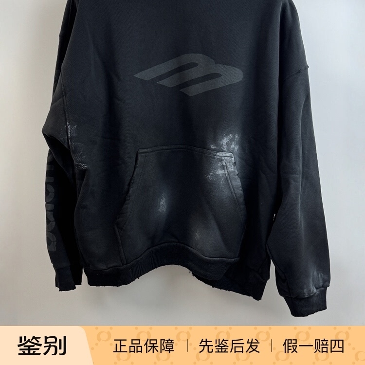 In-Stock Balenciaga New Black 3B Mud-Dyed Vintage Hooded Sweatshirt