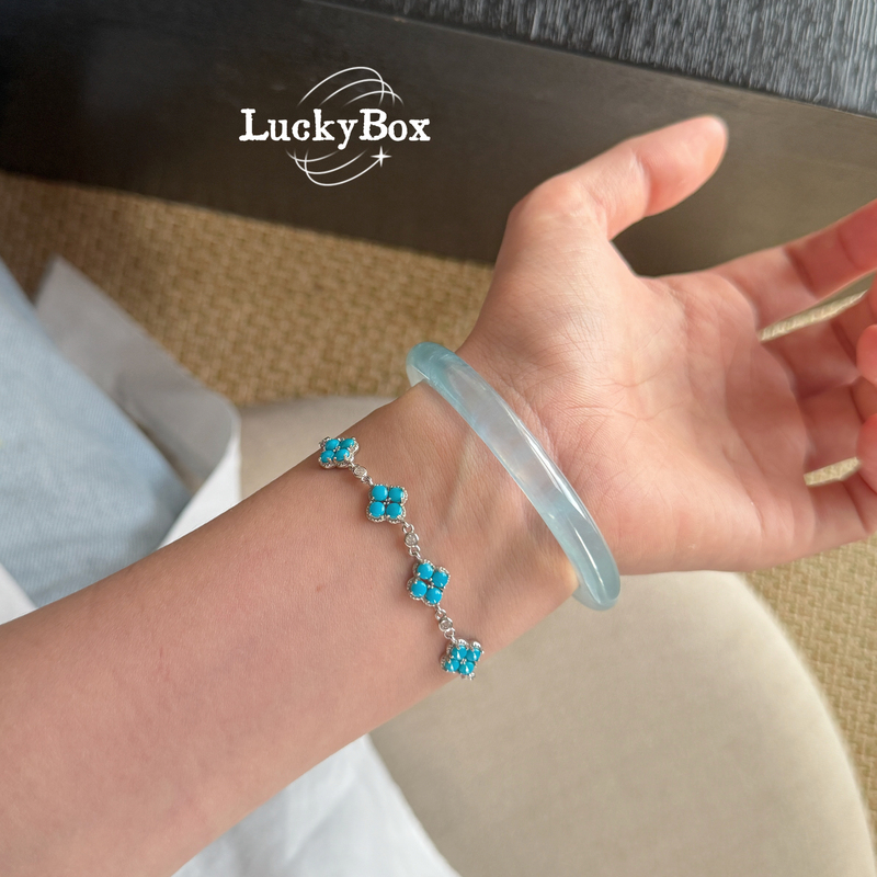 "Blue and White Porcelain" Natural Turquoise S925 Silver Lucky Four-Leaf Clover Bracelet for Women with Unique Design