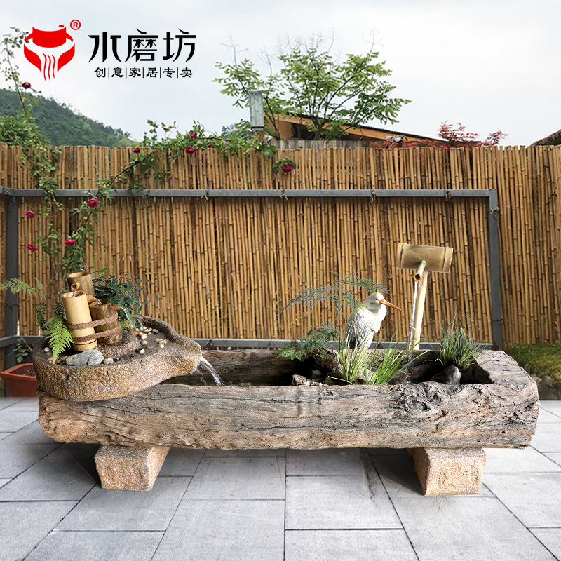 Retro imitation wood stone trough fountain courtyard flowing water ornaments circulating water landscape Zen garden layout creative fish pond