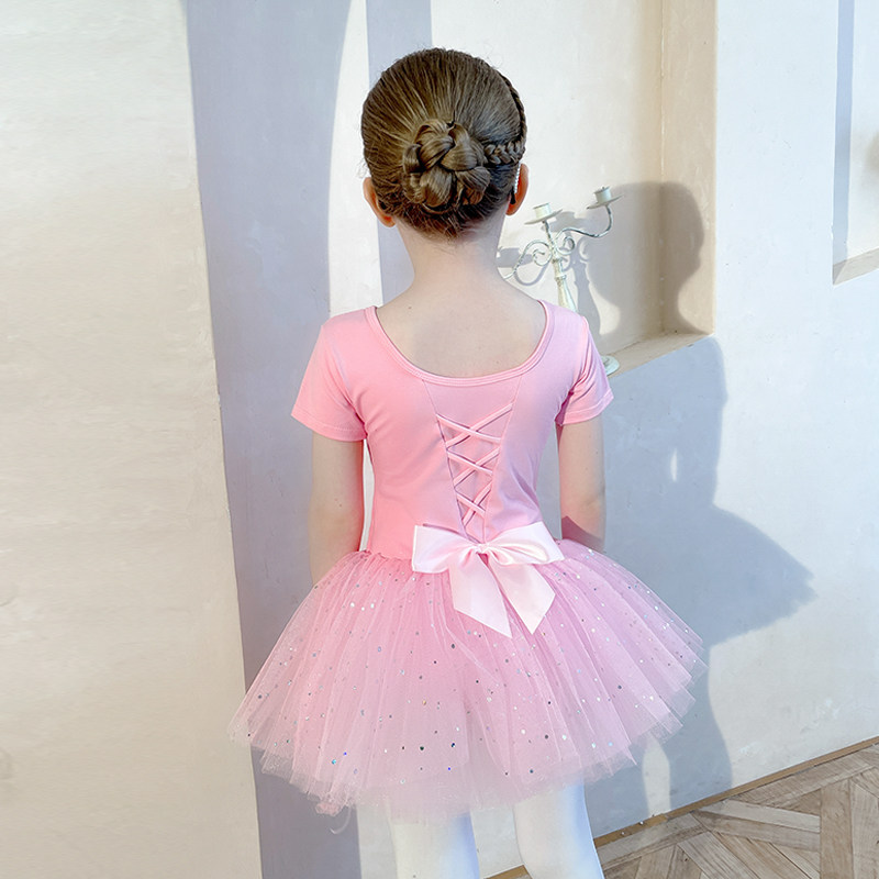 Children dance dress Summer short sleeve girl practice Bright Sheet Yarn Dress Pink Toddler Ballet Dresses Dance Dresses