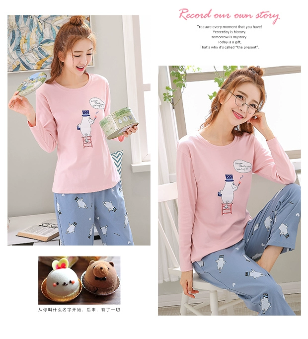 Bộ đồ ngủ nữ mùa xuân và mùa thu cotton dài tay phần mỏng phiên bản Hàn Quốc của các sinh viên cỡ lớn rơi ra ngoài mặc mùa đông phục vụ tại nhà