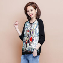 Original large size Korean casual print stitching pullover sweater female 2021 early Autumn New loose top