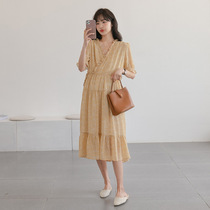 Cooleye small floral~maternity dress summer dress long skirt with fungus edge V-neck chiffon floral short-sleeved dress