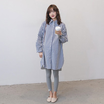 Maternity shirt spring Korean fashion loose casual BF style stripes go out can breastfeeding long-sleeved shirt tide mom