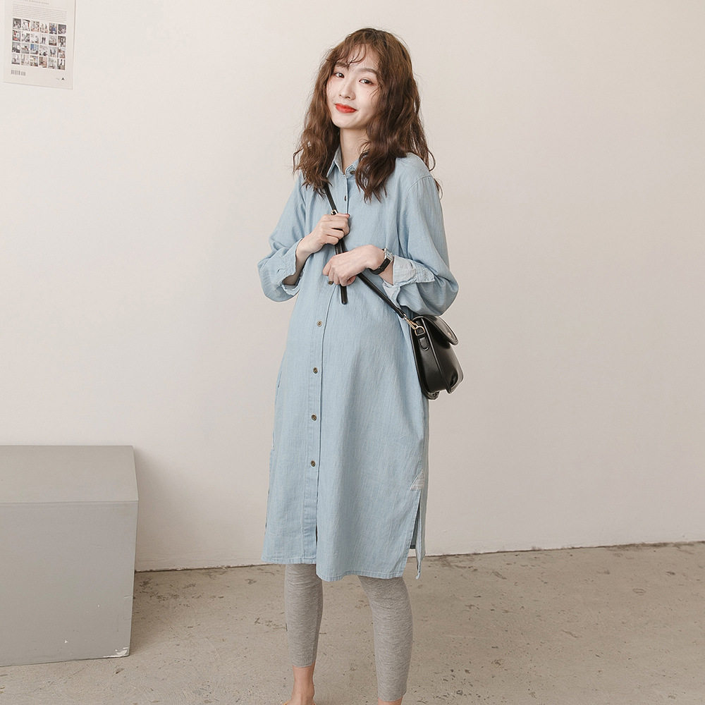 Pregnant women's shirt skirt spring and autumn loose Korean version of the mid-length tide mother breastfeeding skirt autumn fashion denim cotton shirt top