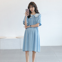 Maternity Summer Dress Small Fresh Lapel Waist Thin Mid-Length Sweet Trendy Mom Summer Skirt Fairy Skirt