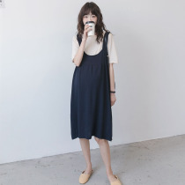 Ice silk maternity summer suit fashion Korean fake two-piece skirt mid-length suspender skirt dress trendy mother
