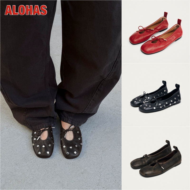 Spanish Genuine Alohas26 New Round-Toe Ballet Shoes, Genuine Leather Studded Flat Shoes, Simple Casual Women's Shoes