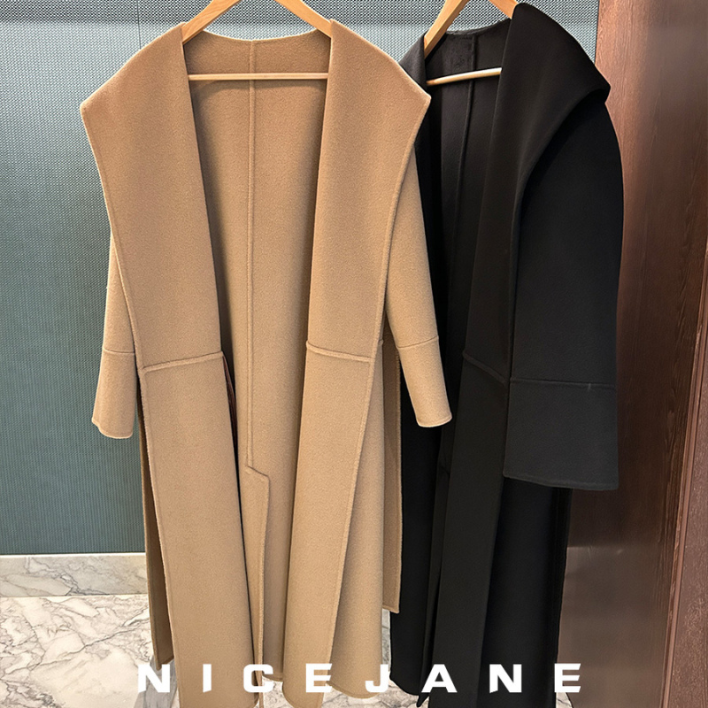 M Brand Fabio Hooded Bathrobe Style Double-Sided Wool Cashmere Over-The-Knee Long Loose Lace-Up Coat for Women M Brand Fabio Hooded Bathrobe Style Double-Sided Wool Cashmere Over-The-Knee Long Loose Lace-Up Coat for Women
