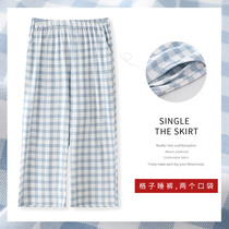 Air Conditioning Sleeping Pants Womens Summer Seven Pants Pure Cotton Day System Plaid Outside Wearing Thin Loose Big Code All-cotton Home Pants