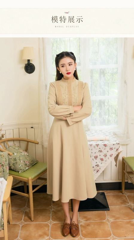 Nụ cười bướng bỉnh để sưởi ấm mùa thu đông 2018 mới của phụ nữ nghệ thuật cổ điển retro thêu cổ áo dài tay váy đẹp 2021
