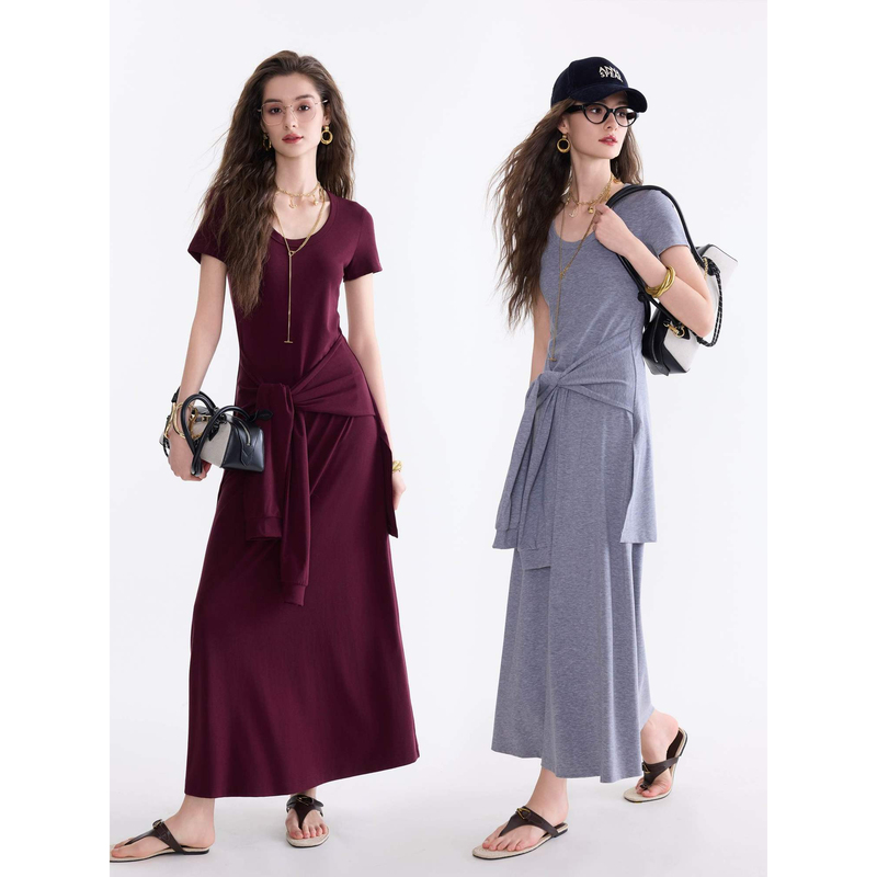 Annaspeak Austrian Tencel Lyocell Tie-Waist Design Slimming Tummy-Concealing Faux Two-Piece Dress