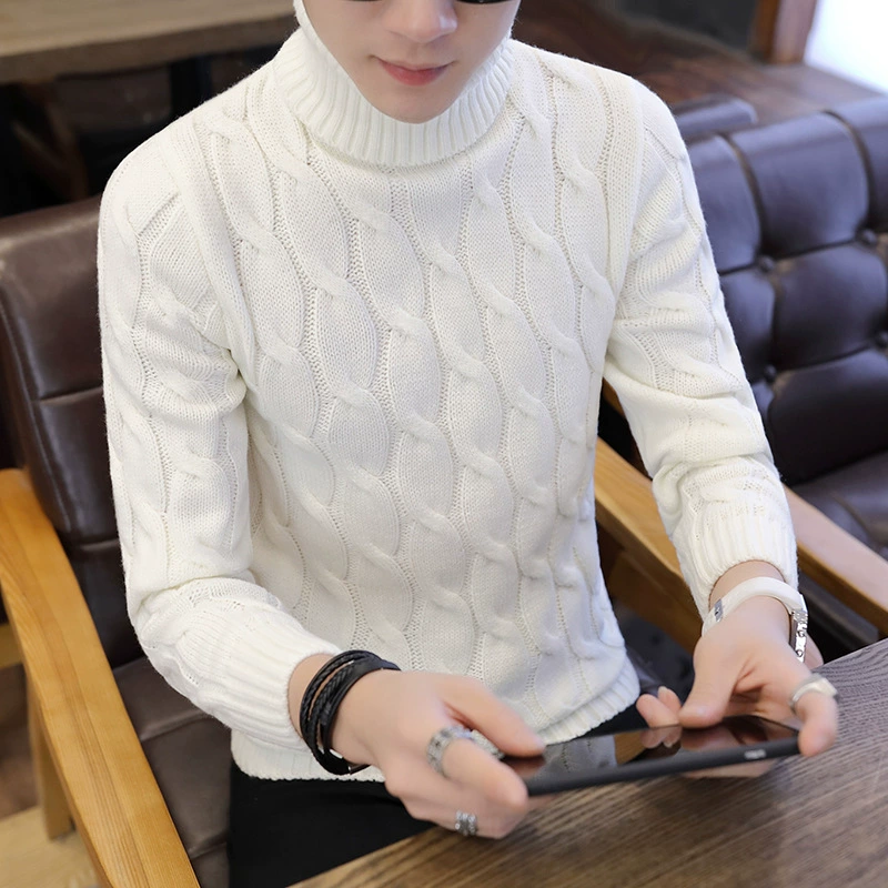 Mùa thu và mùa đông nam tay dài màu rắn áo len cao cổ áo len thủy triều thanh niên Hàn Quốc áo len mỏng áo thun - Kéo qua
