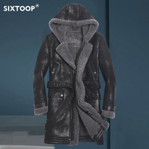 Winter new mens hooded sheep fur one mans long thick slim slim leather fur coat coat