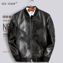 six toop spring and autumn fashion leather leather mens short baseball collar leather jacket sheep stand-neck single leather jacket