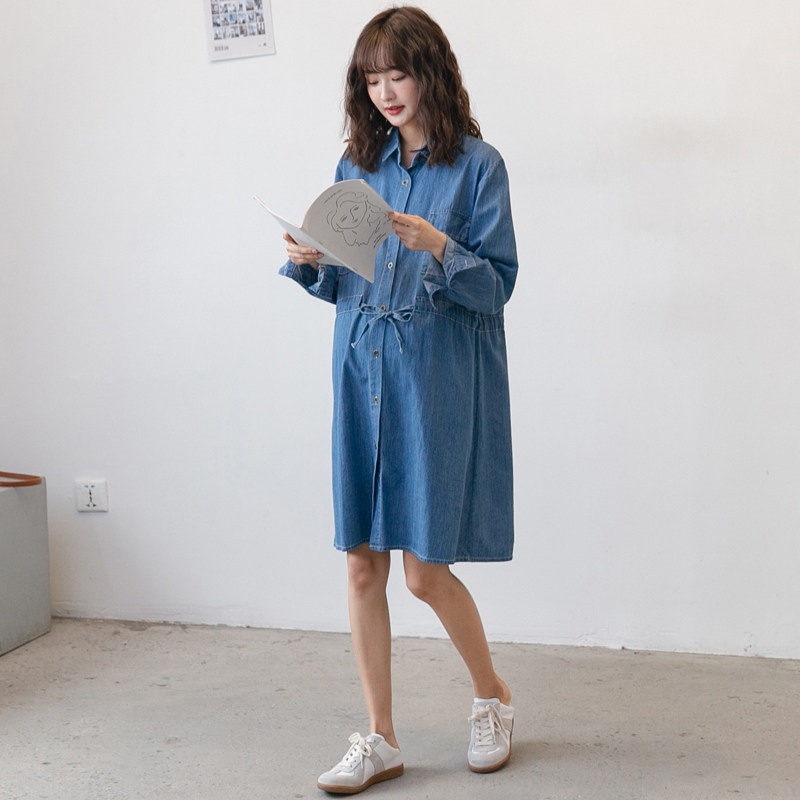Pregnant woman's spring dress Cowboy shirt dress with long version of reduced-age pregnancy maternity dress Spring and autumn Tide Ma turn over the foreign dress casual style