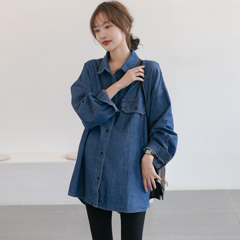 Pregnant Woman Spring Dress Denim Shirt Loose Large Size Medium Long Version Brief early autumn jacket Han version Pregnancy Blouse Fashion