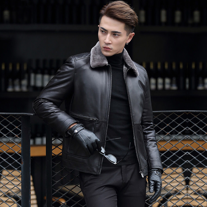 Haining fur all-in-one leather jacket new sheepskin youth motorcycle jacket men's short winter thick coat