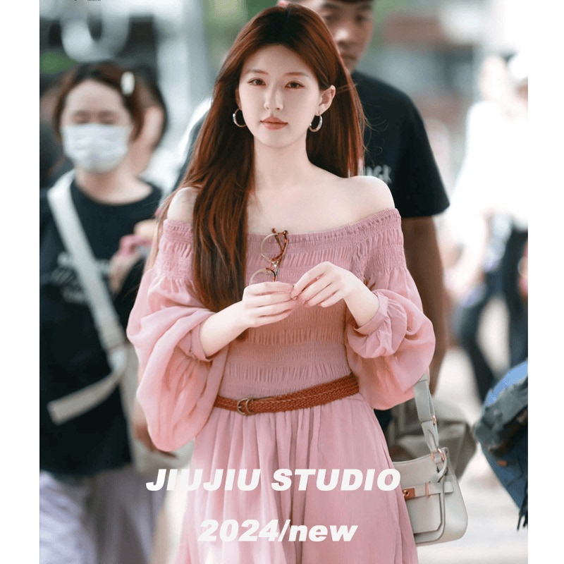 Zhao Lusi's Same Style Pink Off-Shoulder Dress for Women, Spring and Autumn French High-End Feel, Seaside Vacation Chiffon Long Dress Zhao Lusi's Same Style Pink Off-Shoulder Dress for Women, Spring and Autumn French High-End Feel, Seaside Vacation Chiffon Long Dress