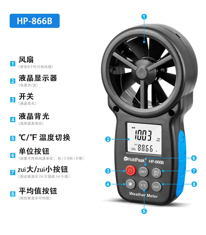 Huapu máy đo gió cầm tay có độ chính xác cao máy đo gió máy đo gió thể tích không khí máy gió loại cốc đo tốc độ gió dụng cụ