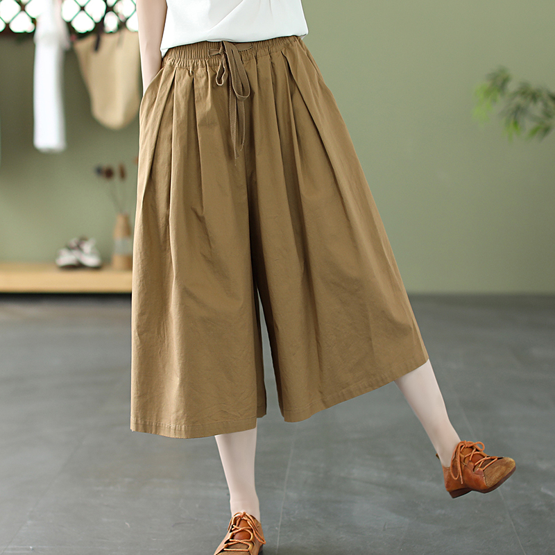 Retro Artistic Elastic Waist Loose Solid Color Pure Cotton Wide-Leg Cropped Pants Summer Thin Large-Leg Skirt Pants Women's Casual