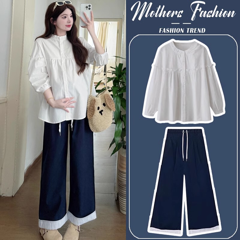 Maternity Suit Summer 2026 New Style Loose Casual Belly-Covering Versatile Stand-Up Collar Doll Shirt Wide-Leg Pants Two-Piece Set