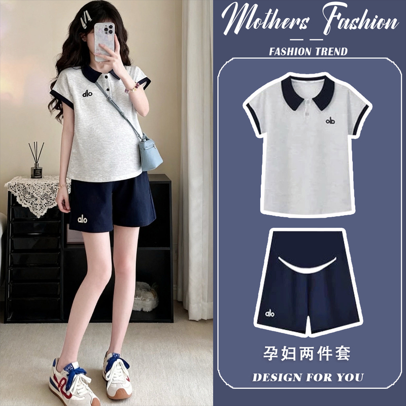 Maternity Suit, Fashionable and Loose, 2026 New Style, Gray, Stylish, Sporty, Thin Short-Sleeved Top and Shorts Two-Piece Set for Summer