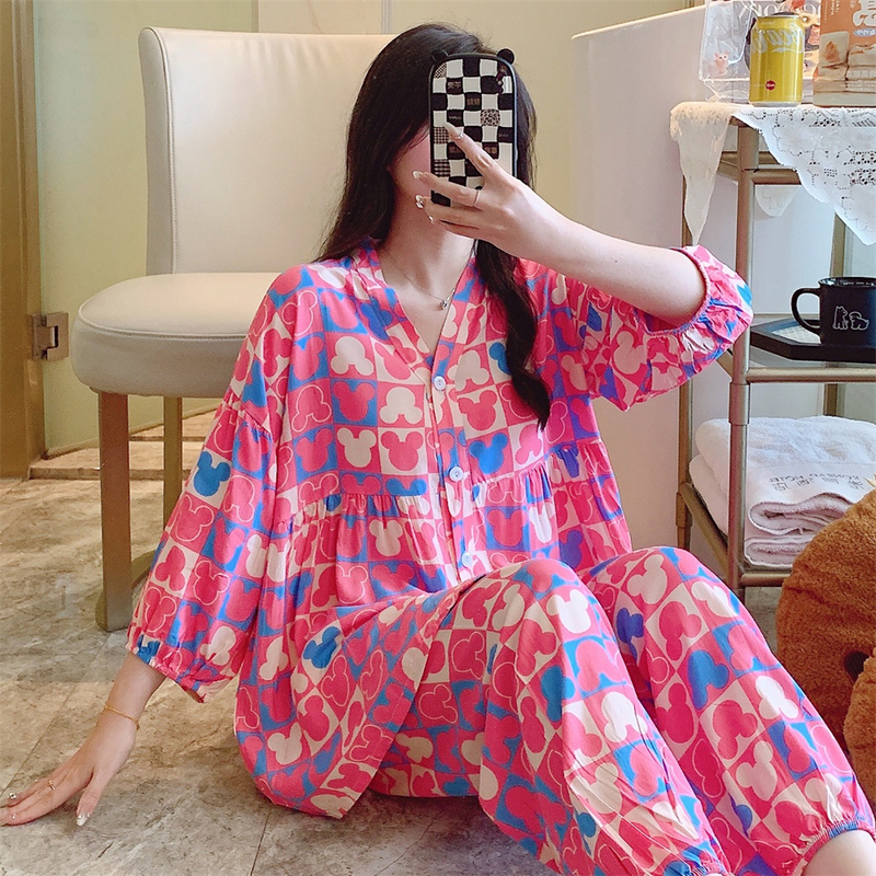 High-End Women's Pajamas, Pure Cotton Silk, Spring and Summer Two-Piece Set, Long-Sleeved, Long Pants, Three-Quarter Sleeves, Can Be Worn Outside, with a Luxurious and Sweet Home Feel