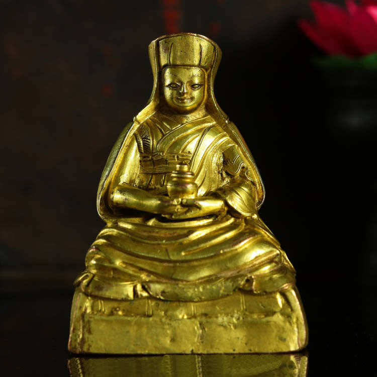 Qing Dynasty Tibetan Copper Gilt Old Buddha Statue Kagyu Patriarch Gampopa Rinpoche Support Antique