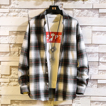2021 new mens Korean long sleeve shirt autumn coat trend handsome plaid shirt Joker Japanese jacket