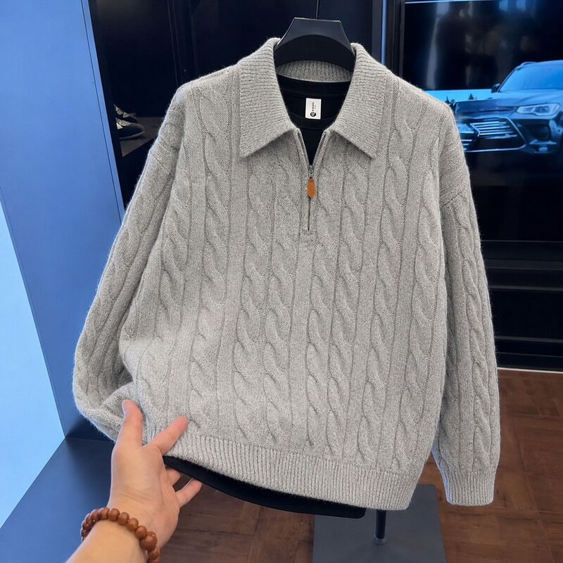 Relaxed Style New Large Size Zippered Knitted Turtleneck Sweater Winter Men's Lazy Coarse Knit Top for Big and Tall Men