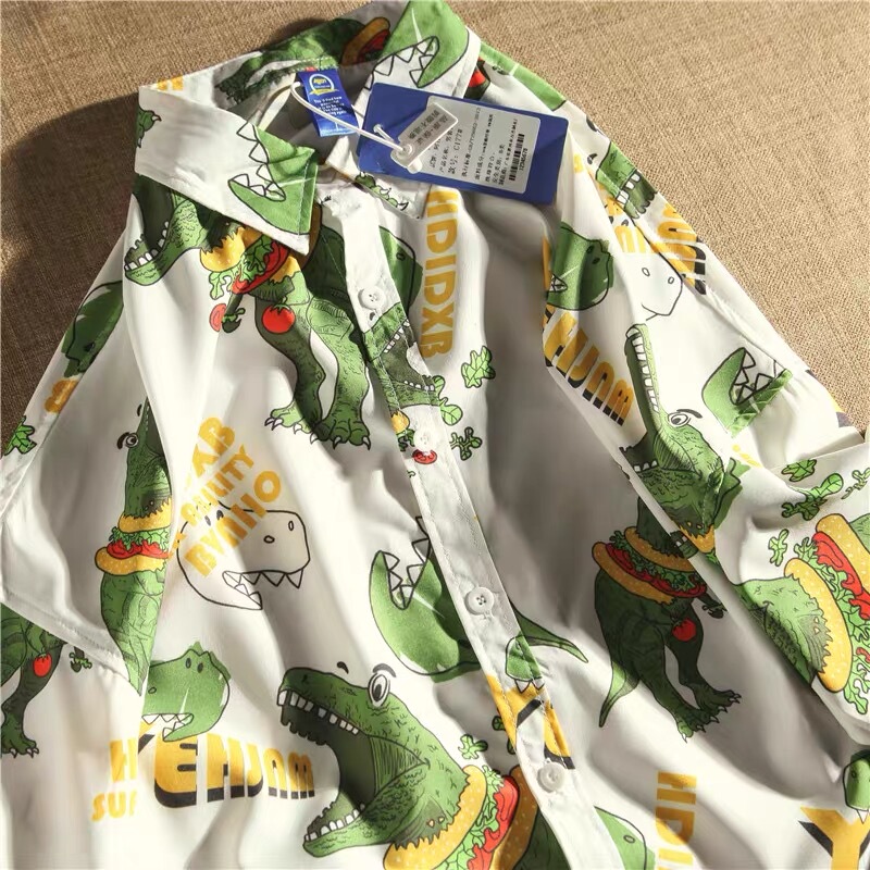 Summer Large Size Fun Dinosaur All-Over Print Short-Sleeved Shirt for Fat Men, Trendy Retro Loose Casual Versatile Couple Shirt