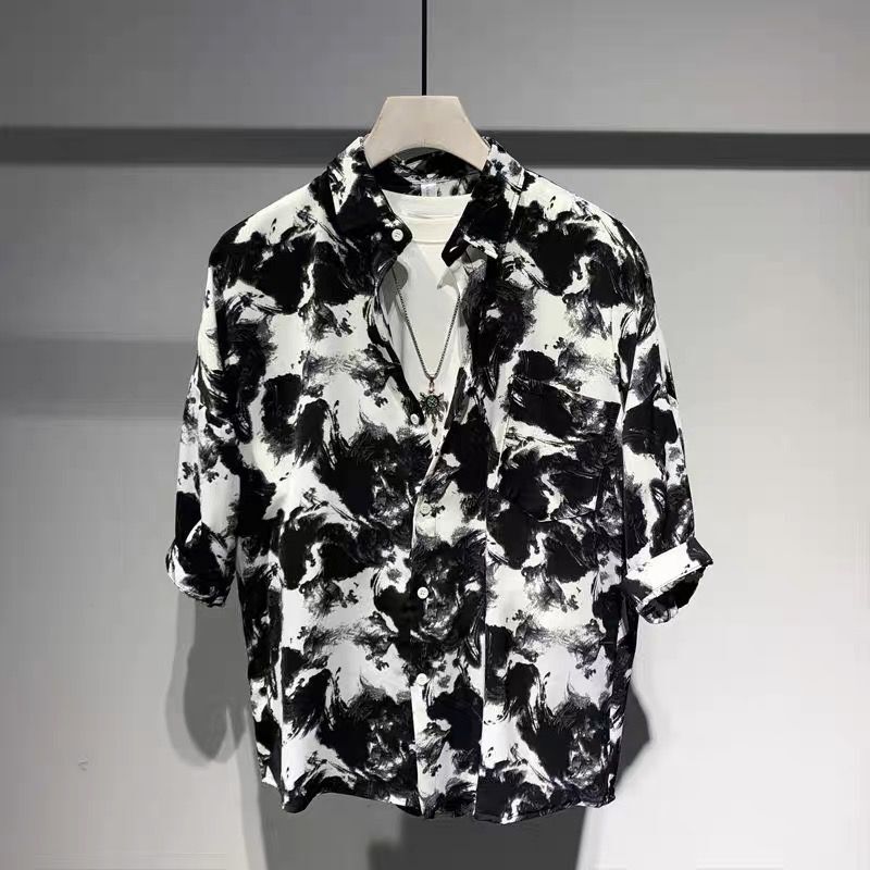 Summer Thin Short-Sleeved Color-Blocked Shirt for Men, Hong Kong Style Retro Plus-Size Shirt, High-End Large Size, Cool and Casual Top