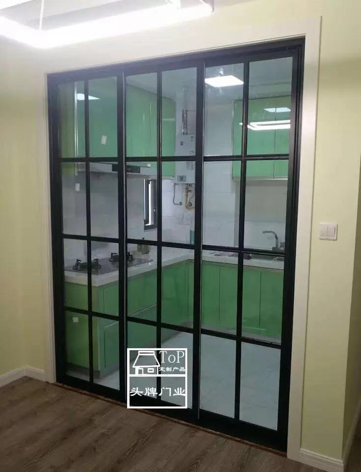 Frosted black sliding door kitchen minimalist triple linkage sliding door narrow track balcony living room glass partition sliding door