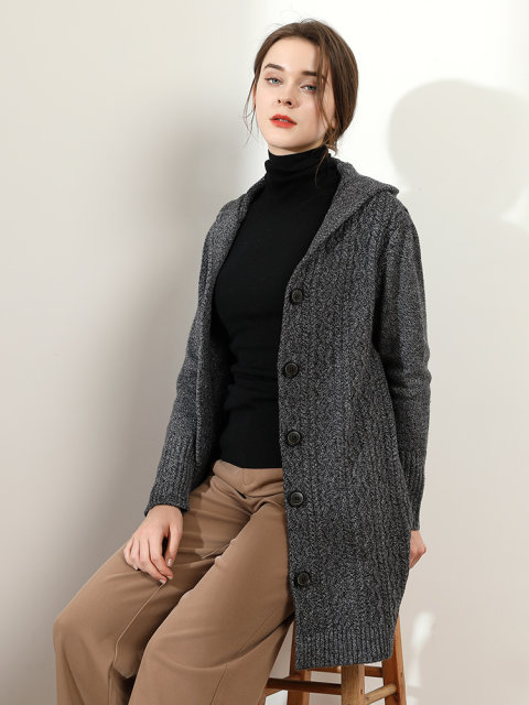 Velvet Hooded Wool Knitted Cardigan for Women, Mid-Length, Thickened, 2025 Autumn and Winter New Pure Wool Hooded Coat