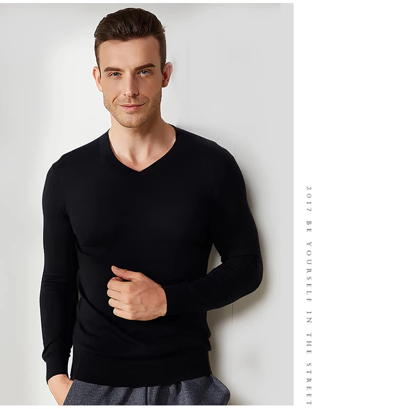 Áo len cashmere nam cashmere 2017 thu đông mới đơn giản cổ chữ V tinh khiết cashmere chạm đáy áo len ấm áp đầu - Áo len Cashmere