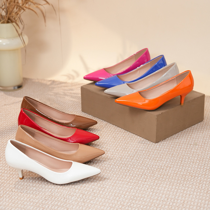 40-43 Large Size Women's Shoes Patent Leather Mid-Heel Work Shoes Shallow Mouth Pointed Toe Black Red White Purple Blue Orange Rose Red High Heels