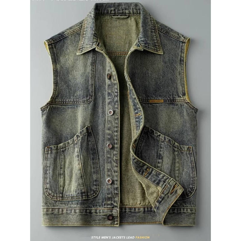 Outdoor Youth Spring and Autumn Trendy Retro Motorcycle Denim Vest for Men, High-End Slim-Fit Workwear Sleeveless Vest