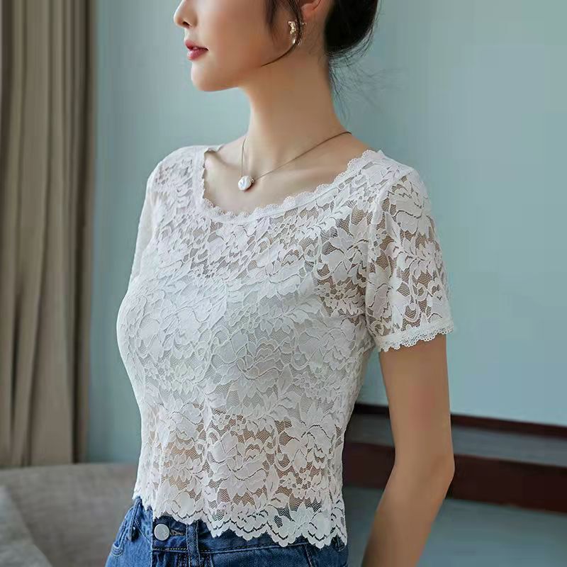 Fake Collar Inner Top, Thin Style, Sexy Lace Hollow-Out Blouse for Outer Wear, Slim Fit, Women's Sexy Lace Short-Sleeve Top